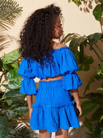 Girls Off The Shoulder Puff Sleeve Lettuce Trim Blouse & Ruffle Hem Skirt