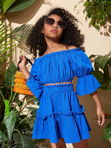 Girls Off The Shoulder Puff Sleeve Lettuce Trim Blouse & Ruffle Hem Skirt