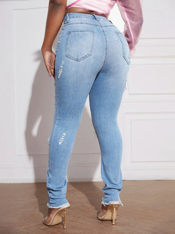 SXY High Waist Ripped Frayed Raw Hem Skinny Jeans