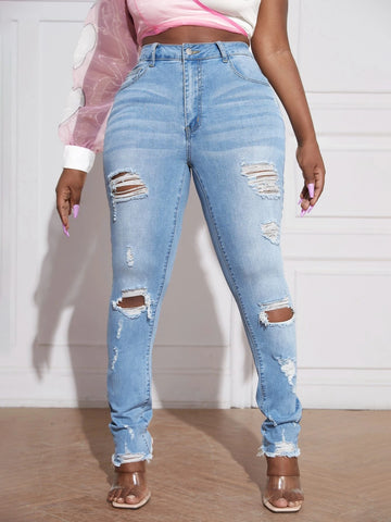 SXY High Waist Ripped Frayed Raw Hem Skinny Jeans
