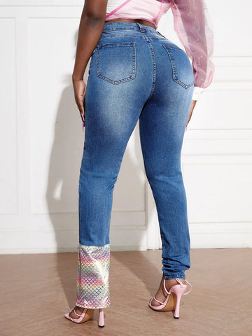 SXY Fish Scale Panel Asymmetrical Hem Skinny Jeans