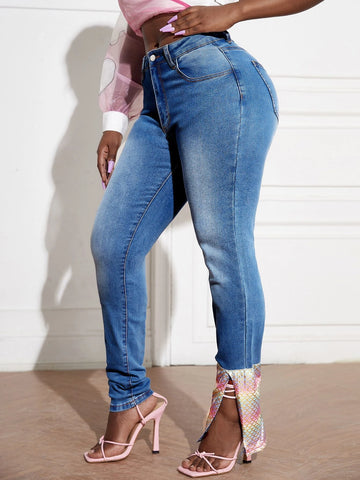 SXY Fish Scale Panel Asymmetrical Hem Skinny Jeans