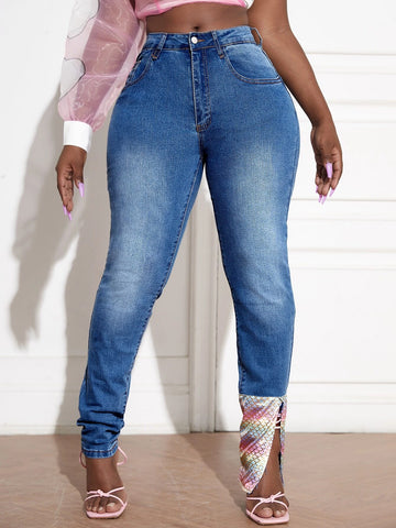 SXY Fish Scale Panel Asymmetrical Hem Skinny Jeans