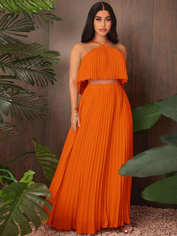 SXY Solid Pleated Halter Top & Skirt