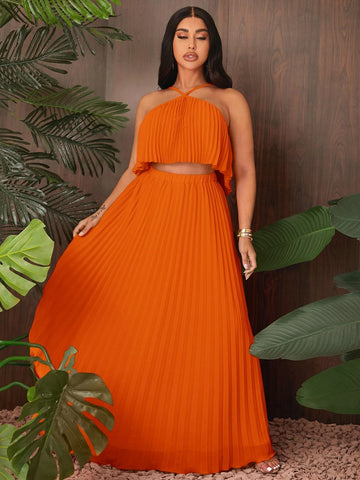 SXY Solid Pleated Halter Top & Skirt
