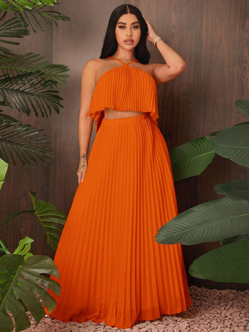 SXY Solid Pleated Halter Top & Skirt