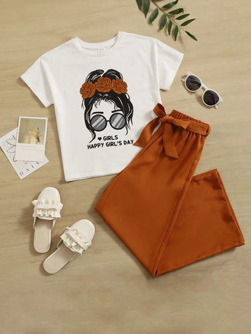 Girls Figure & Letter Graphic Tee and Self Belted Pants