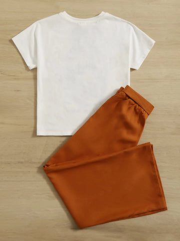 Girls Figure & Letter Graphic Tee and Self Belted Pants