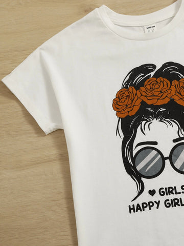 Girls Figure & Letter Graphic Tee and Self Belted Pants