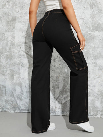 High Waisted Flap Pocket Cargo Jeans