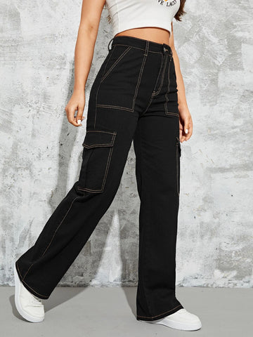 High Waisted Flap Pocket Cargo Jeans