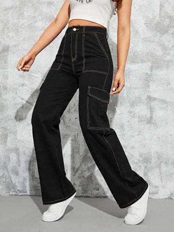 High Waisted Flap Pocket Cargo Jeans