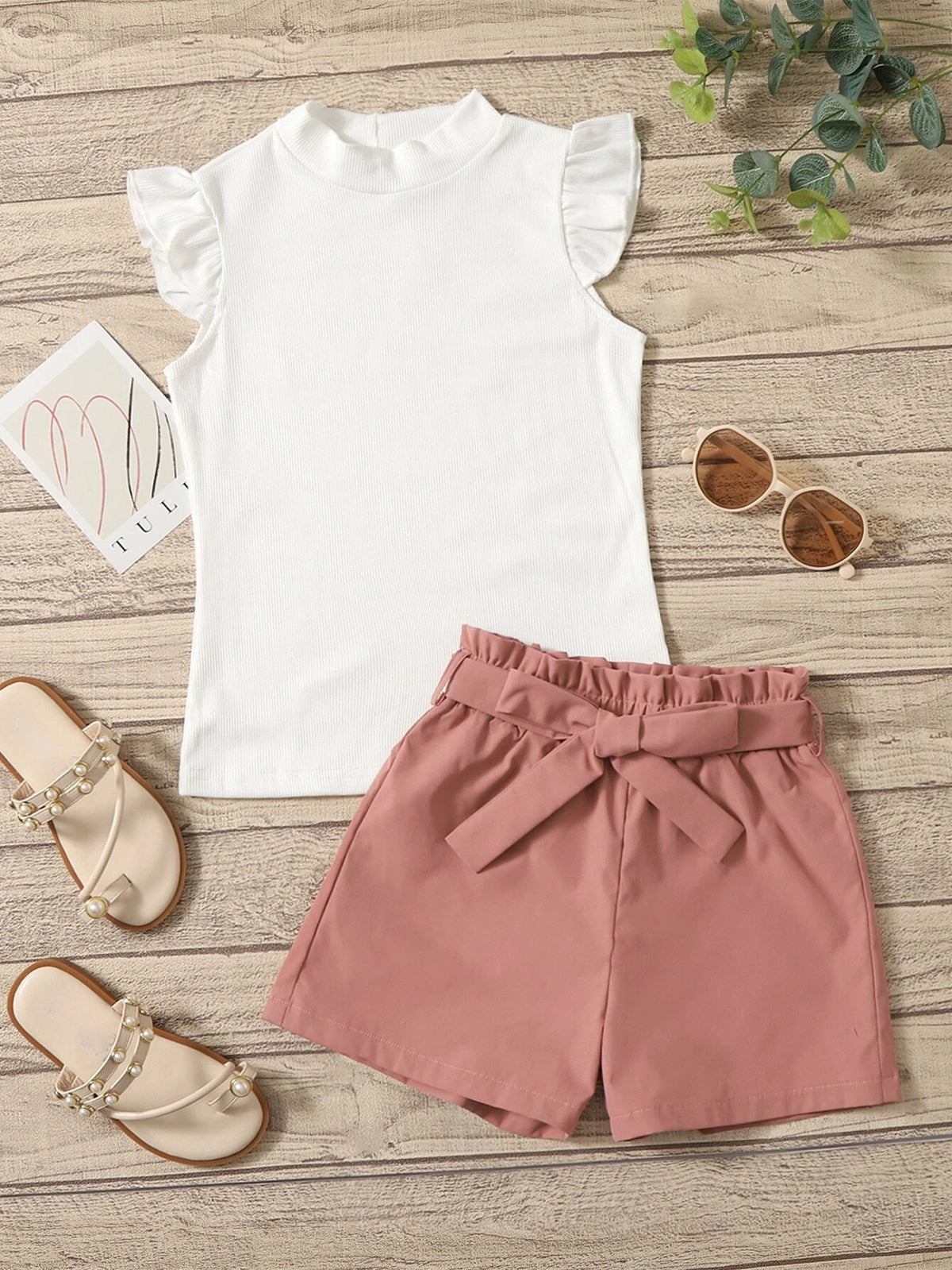 Girls Ruffle Trim Top & Paperbag Waist Belted Shorts