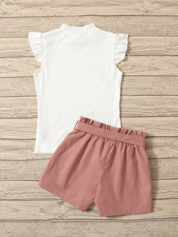 Girls Ruffle Trim Top & Paperbag Waist Belted Shorts