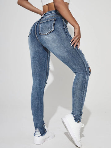 High Waist Ripped Raw Trim Skinny Jeans