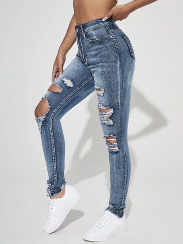 High Waist Ripped Raw Trim Skinny Jeans