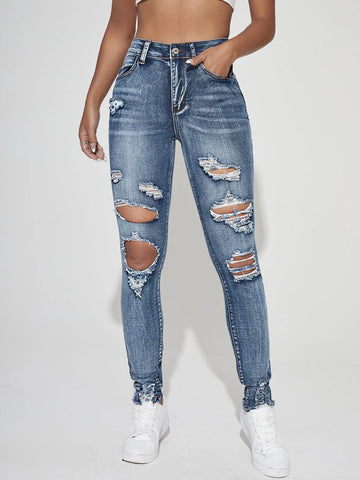 High Waist Ripped Raw Trim Skinny Jeans