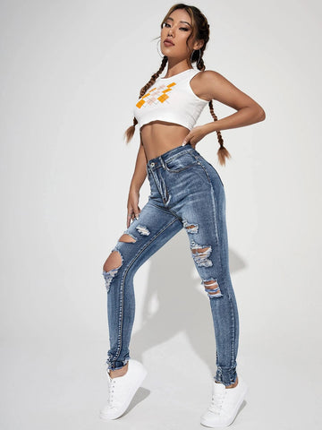 High Waist Ripped Raw Trim Skinny Jeans