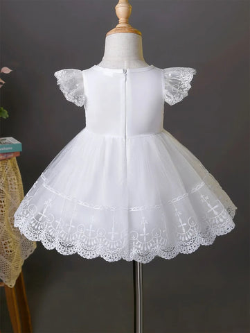 Baby Contrast Guipure Lace Ruffle Sleeve Mesh Overlay Gown Dress