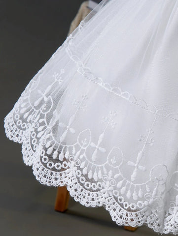 Baby Contrast Guipure Lace Ruffle Sleeve Mesh Overlay Gown Dress