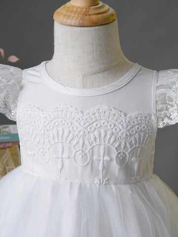 Baby Contrast Guipure Lace Ruffle Sleeve Mesh Overlay Gown Dress