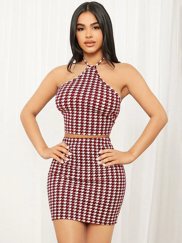SXY Houndstooth Print Backless Halter Top & Bodycon Skirt