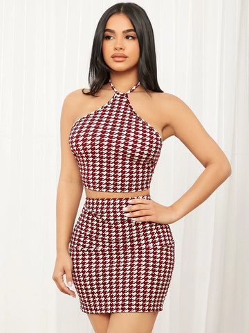 SXY Houndstooth Print Backless Halter Top & Bodycon Skirt