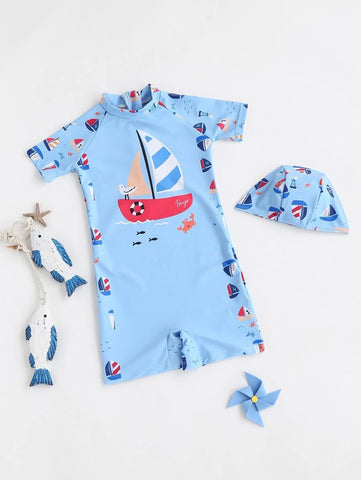 Baby Boy Sailboat & Cartoon Graphic Raglan Sleeve One Piece Swimsuit & Hat