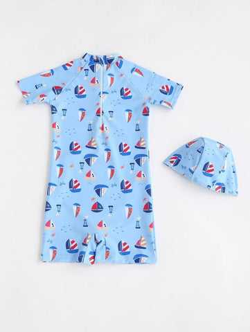 Baby Boy Sailboat & Cartoon Graphic Raglan Sleeve One Piece Swimsuit & Hat