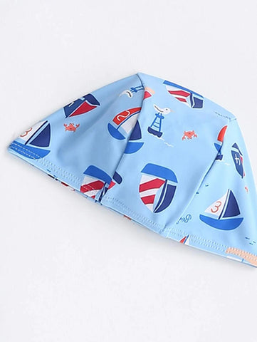 Baby Boy Sailboat & Cartoon Graphic Raglan Sleeve One Piece Swimsuit & Hat
