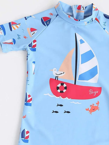 Baby Boy Sailboat & Cartoon Graphic Raglan Sleeve One Piece Swimsuit & Hat