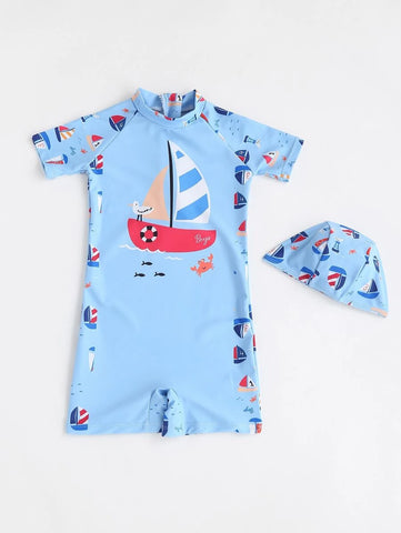 Baby Boy Sailboat & Cartoon Graphic Raglan Sleeve One Piece Swimsuit & Hat