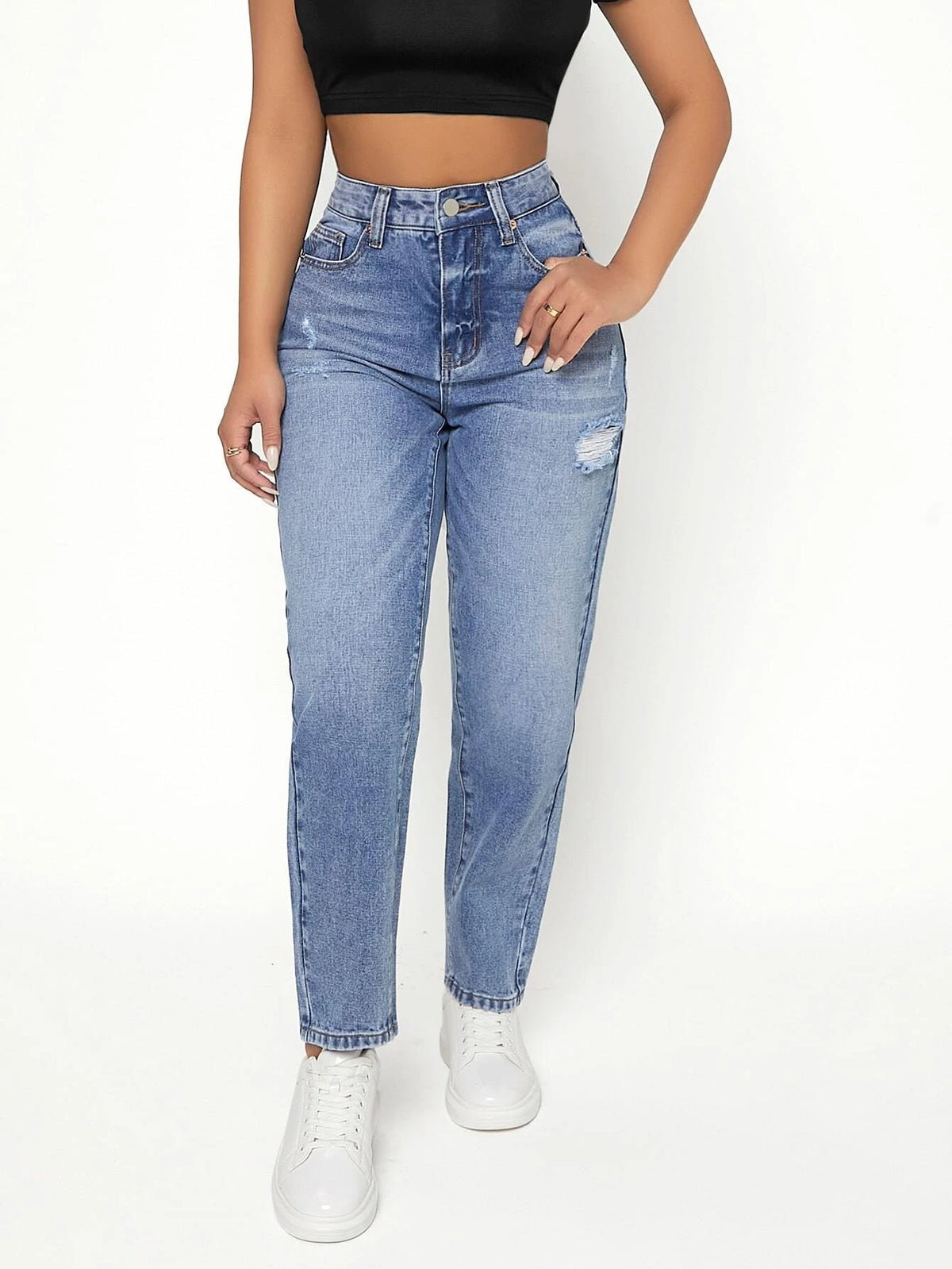 PETITE Ripped Frayed Bleach Wash High Waist Jeans