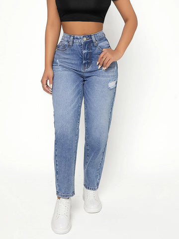 PETITE Ripped Frayed Bleach Wash High Waist Jeans
