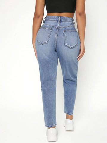 PETITE Ripped Frayed Bleach Wash High Waist Jeans