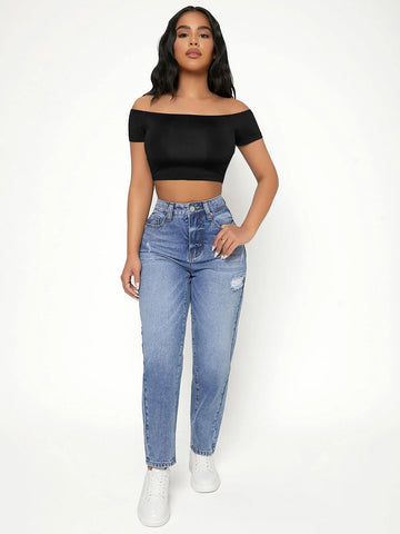 PETITE Ripped Frayed Bleach Wash High Waist Jeans