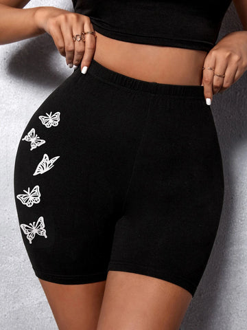 SXY Butterfly Print Elastic Waist Biker Shorts