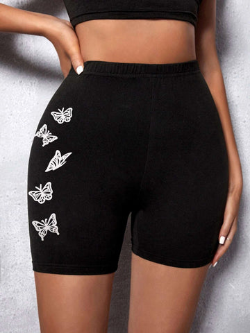 SXY Butterfly Print Elastic Waist Biker Shorts
