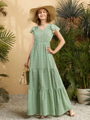 Teen Girls Ruffle Trim Ditsy Floral Dress