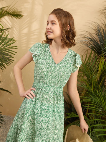 Teen Girls Ruffle Trim Ditsy Floral Dress