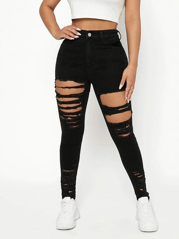 PETITE High Waist Cut Out Ripped Skinny Jeans