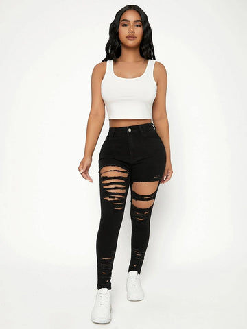 PETITE High Waist Ladder Distressed Skinny Jeans