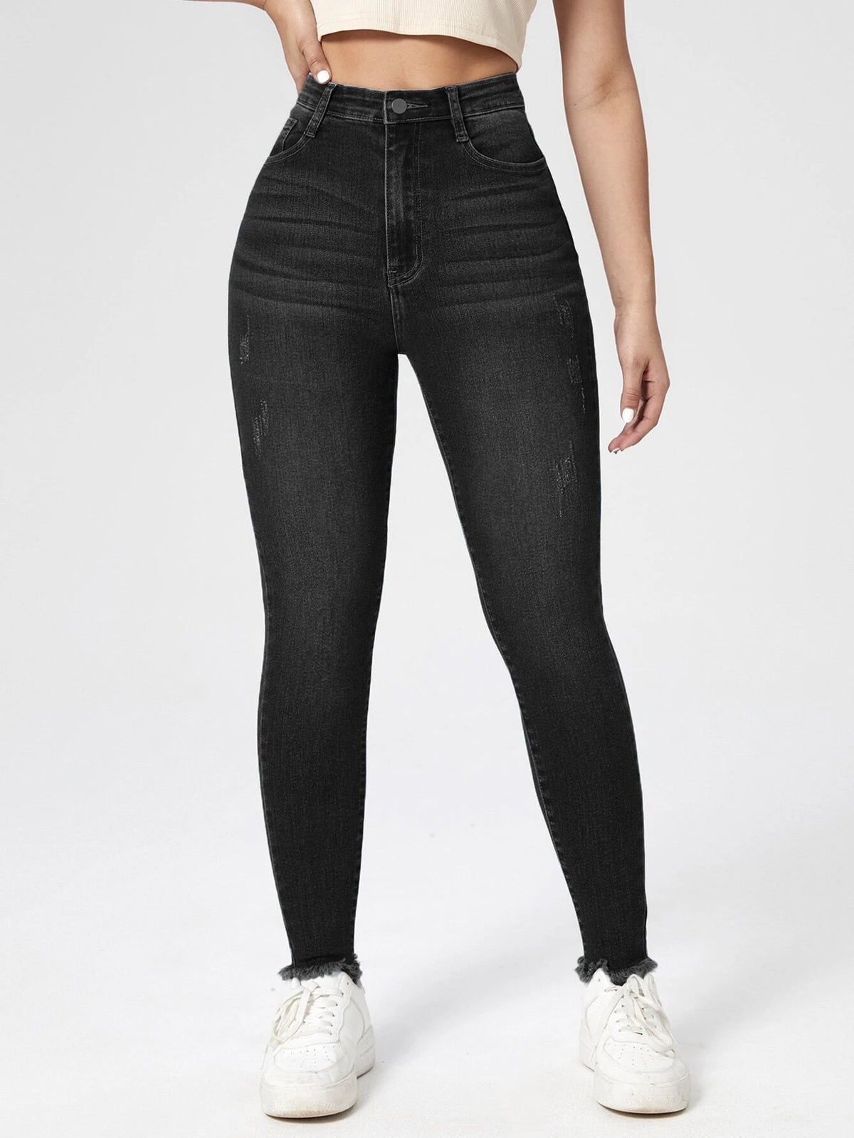 High Waist Cat Scratch Raw Hem Skinny Jeans