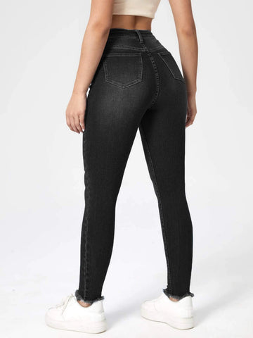 High Waist Cat Scratch Raw Hem Skinny Jeans