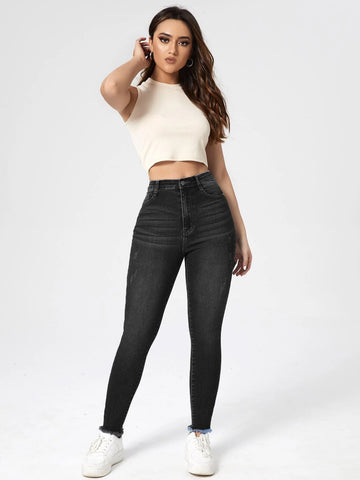 High Waist Cat Scratch Raw Hem Skinny Jeans