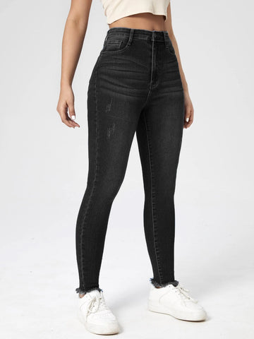 High Waist Cat Scratch Raw Hem Skinny Jeans