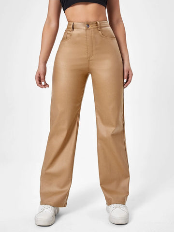 High Waist Straight Leg Leather Look Jeans