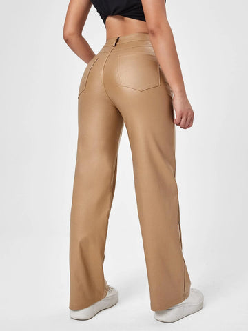 High Waist Straight Leg Leather Look Jeans