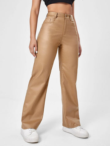 High Waist Straight Leg Leather Look Jeans