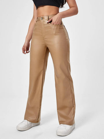 High Waist Straight Leg Leather Look Jeans
